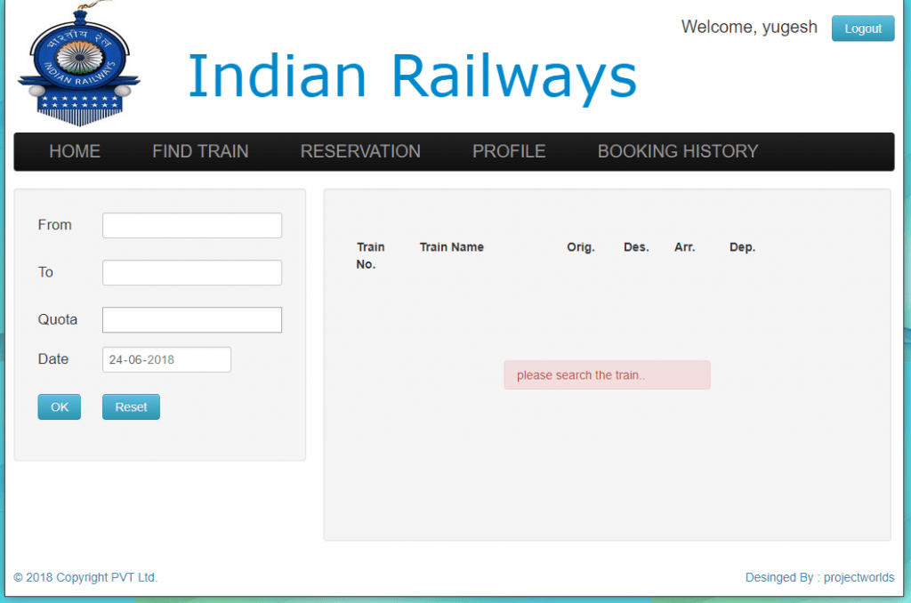 Railway Reservation System in php | Projectworlds Store